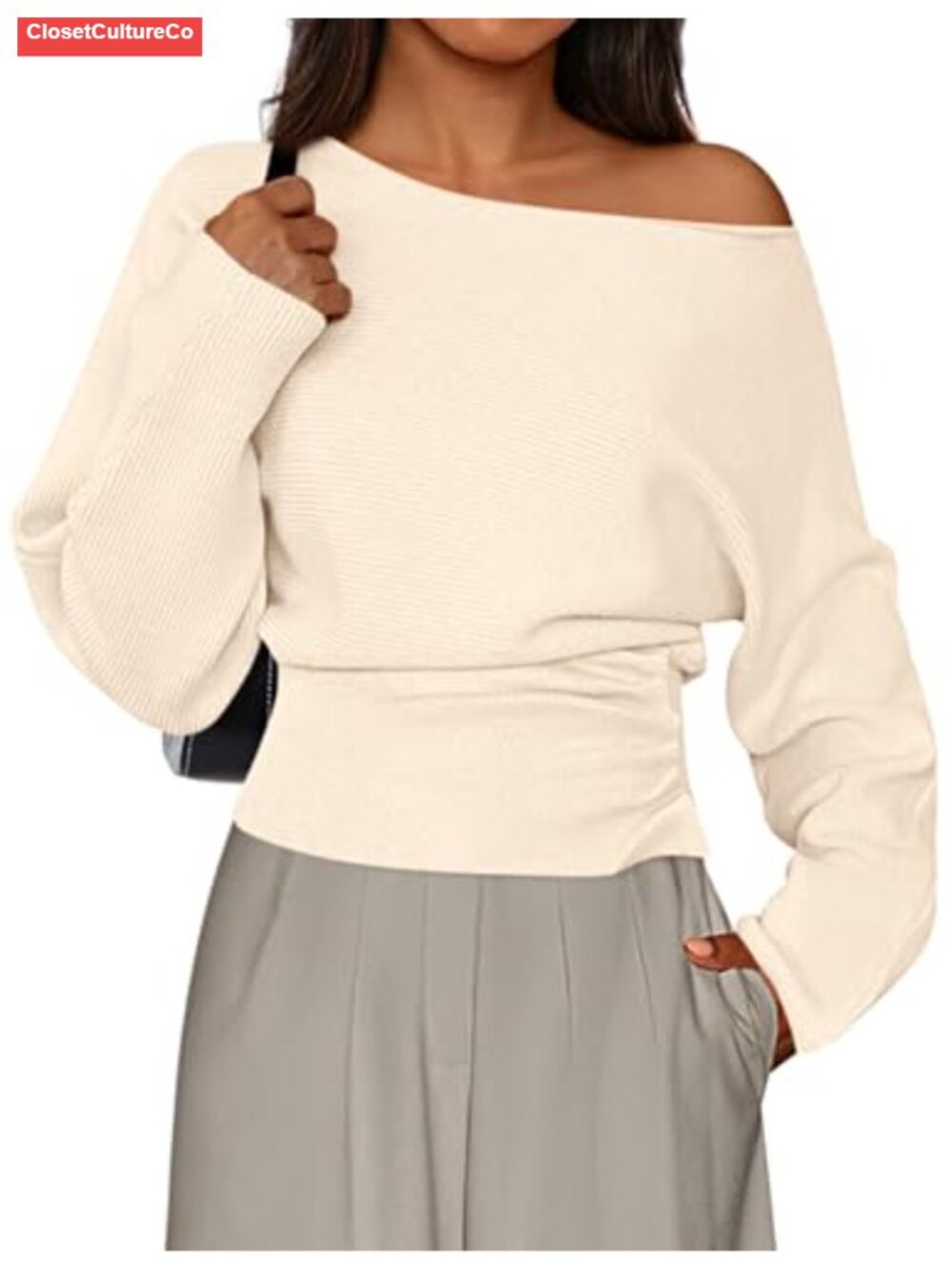 Off the Shoulder Ribbed Knit Pullover Sweater Long Sleeve Fitted Waist
